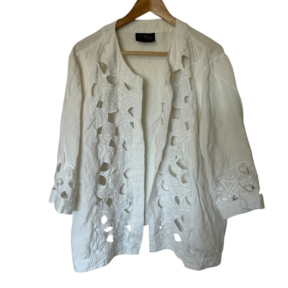Bob Mackie Wearable Art Jacket Womens XL White Linen Blend Cut Out Excellent